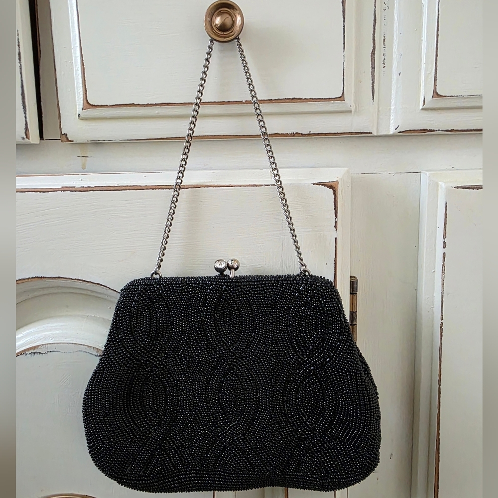 Richere Vintage Black Beaded Kisslock Purse Handmade in Japan